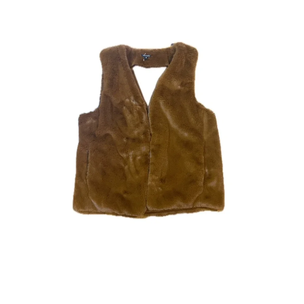 Stella & Dot Faux Fur Vest Women M Brown Excellent‎ Plush Open Front Cutout Back